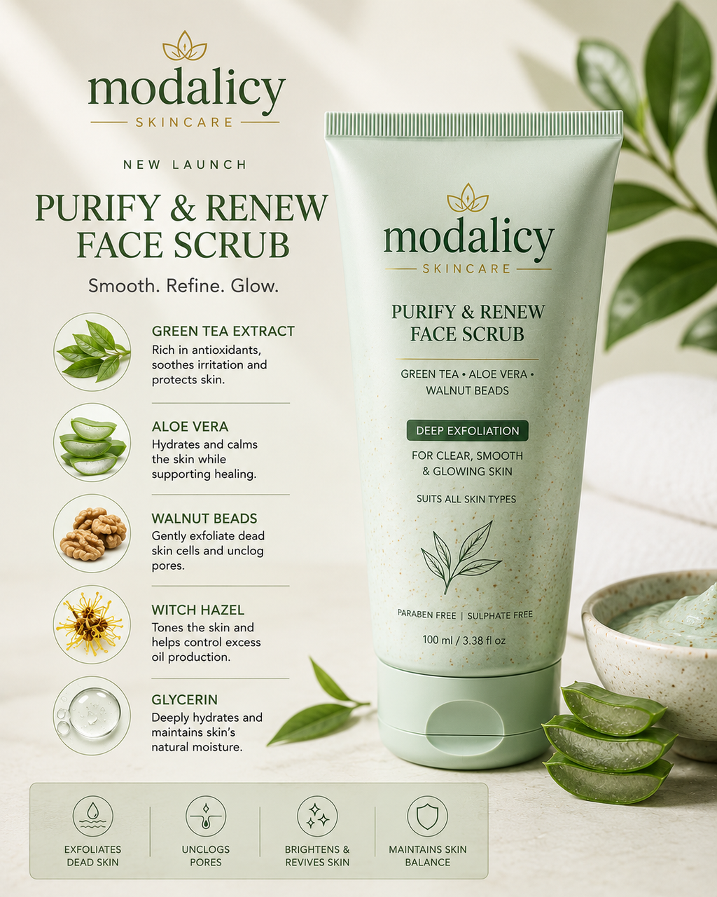 Modalicy Purify & Renew Face Scrub – Green Tea, Aloe Vera & Walnut Beads