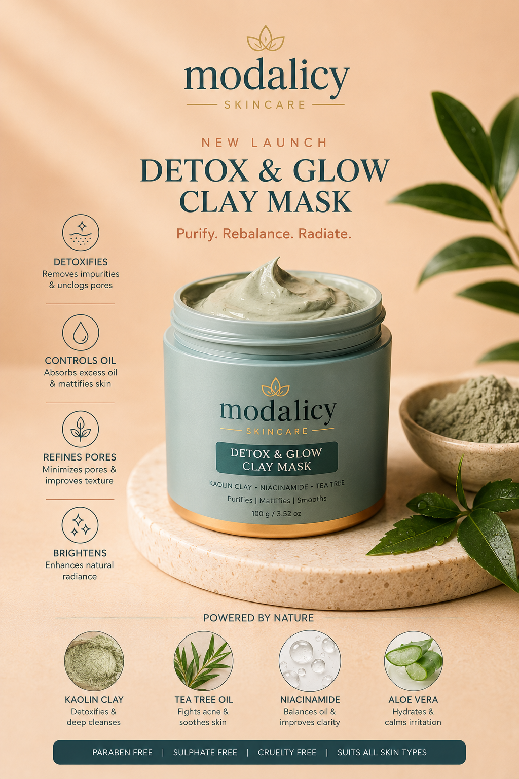 Modalicy Detox & Glow Clay Mask – Kaolin Clay, Niacinamide, Tea Tree & Aloe Vera