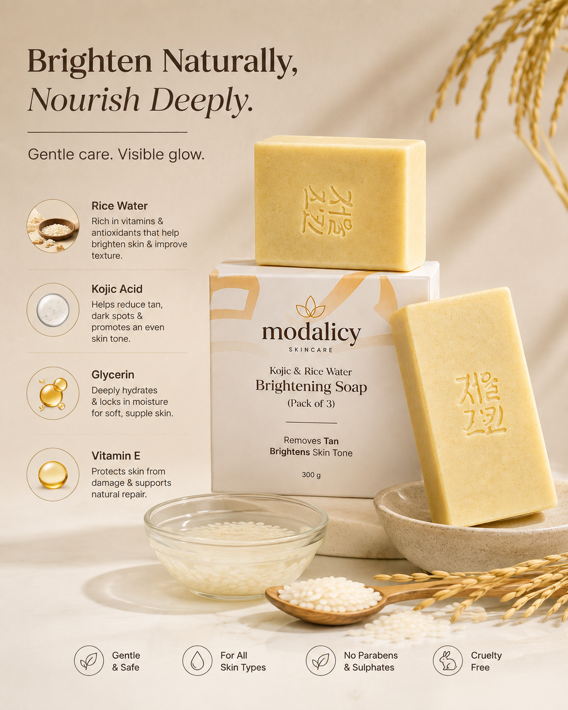 Modalicy Kojic & Rice Water Brightening Soap – Tan Removal & Skin Brightening | Pack of 3