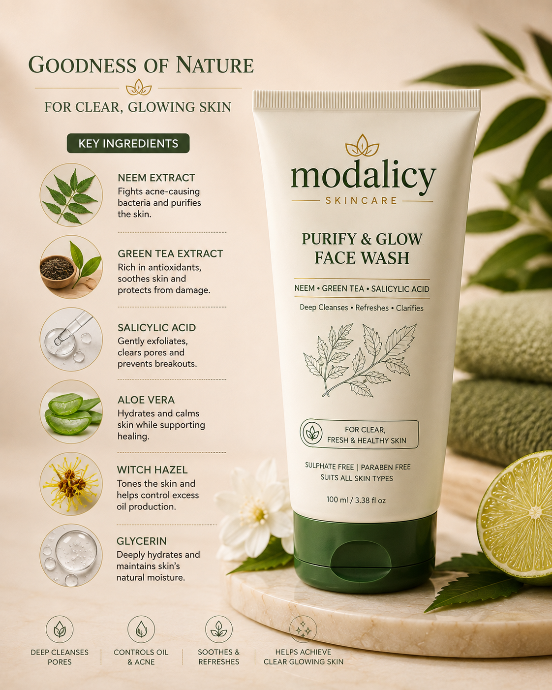Modalicy Purify & Glow Face Wash – Neem, Green Tea & Salicylic Acid